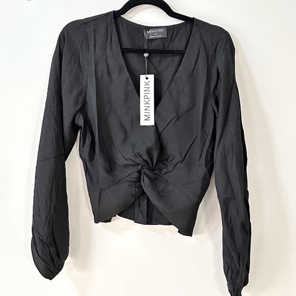 MINKPINK Tops - MINKPINK Harper Twist Top Womens Small Black Blouse Long Sleeve V-Neck Boho